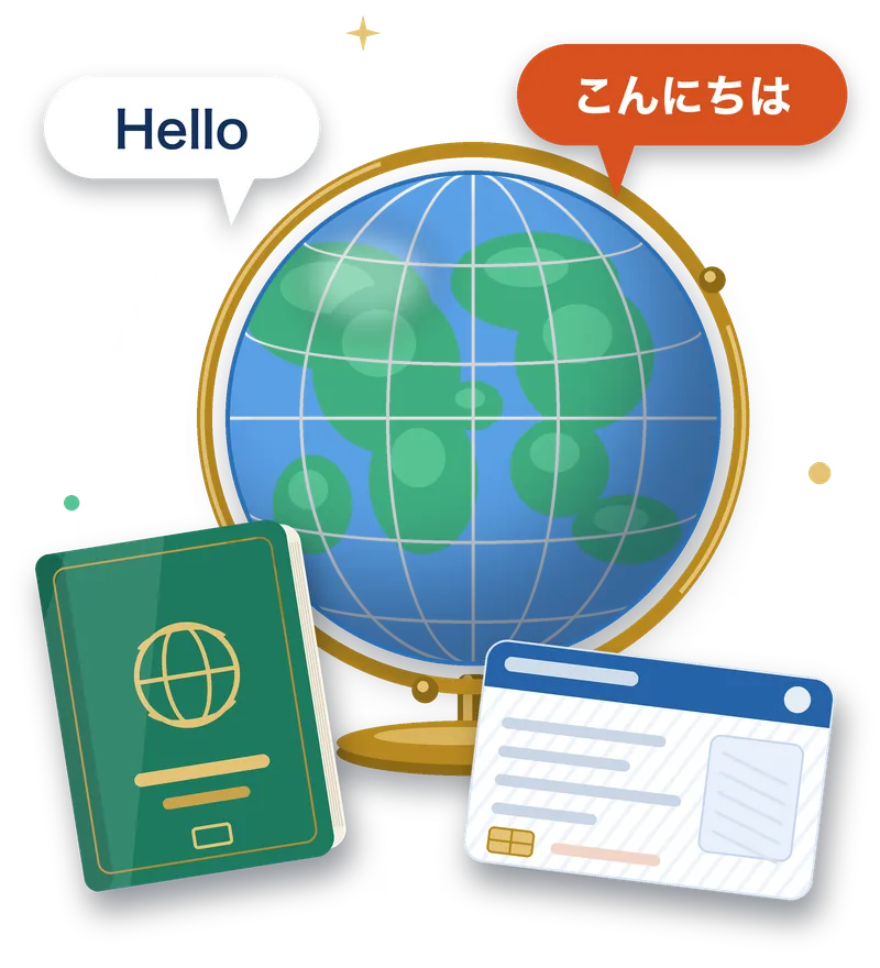 地球儀の前にパスポートと在留カードを思わせる手帳とカードが置かれ、「Hello」「こんにちは」の吹き出しが浮かぶイラスト