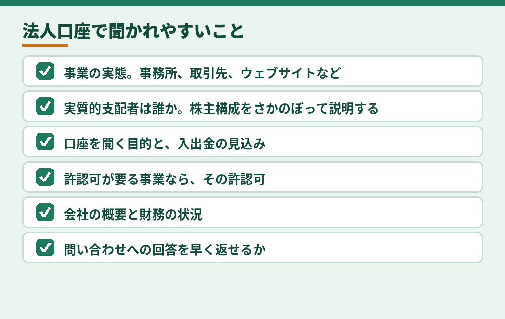 法人口座の申込みで説明を求められることがある事項（JETROの案内をもとに整理）