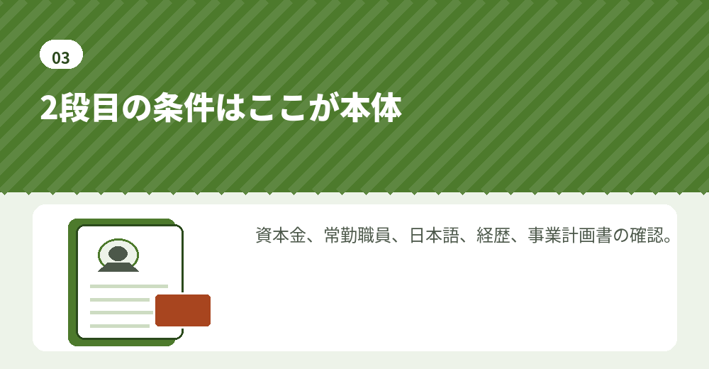 経営・管理の条件は、ひとつでも欠けると申請が通りにくくなります