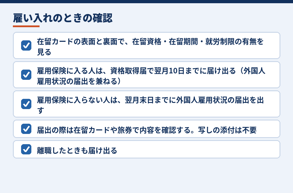 外国人を雇うときの基本の手続（厚生労働省の案内をもとに整理。2026年10月時点）