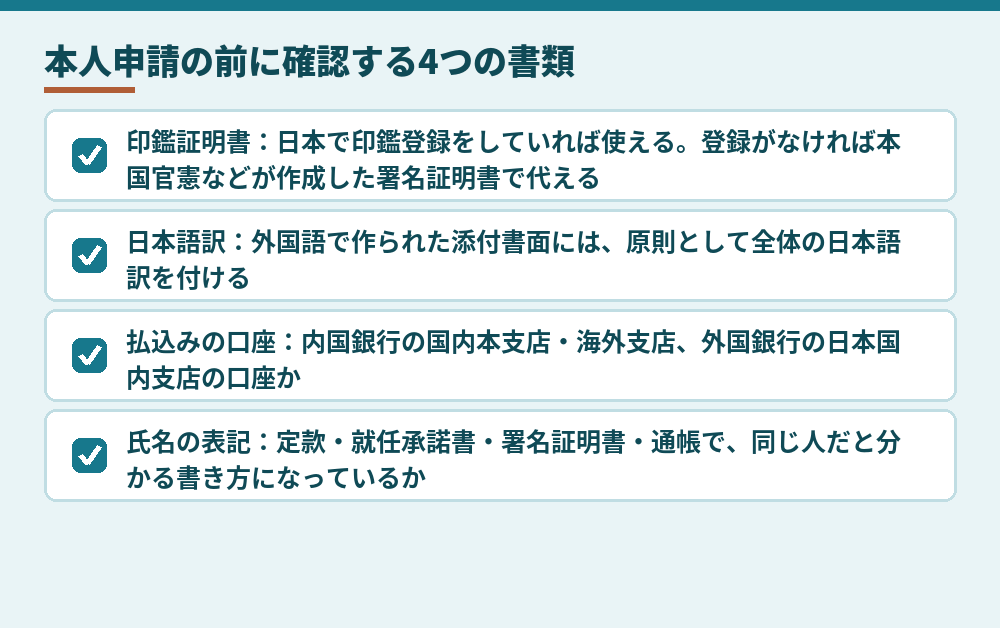 外国人が本人申請で特に確かめておく書類（法務省の案内をもとに作成）