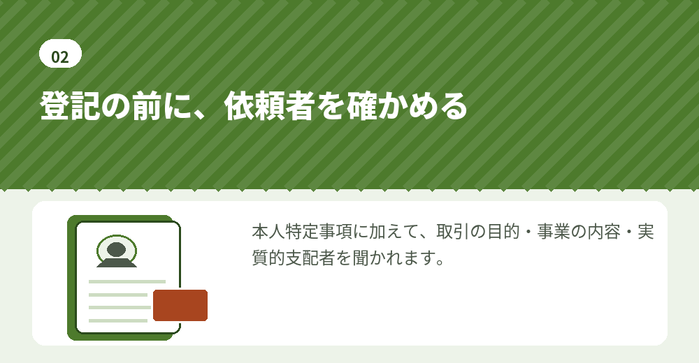 犯罪収益移転防止法にもとづき、司法書士は会社設立の依頼者を確認する