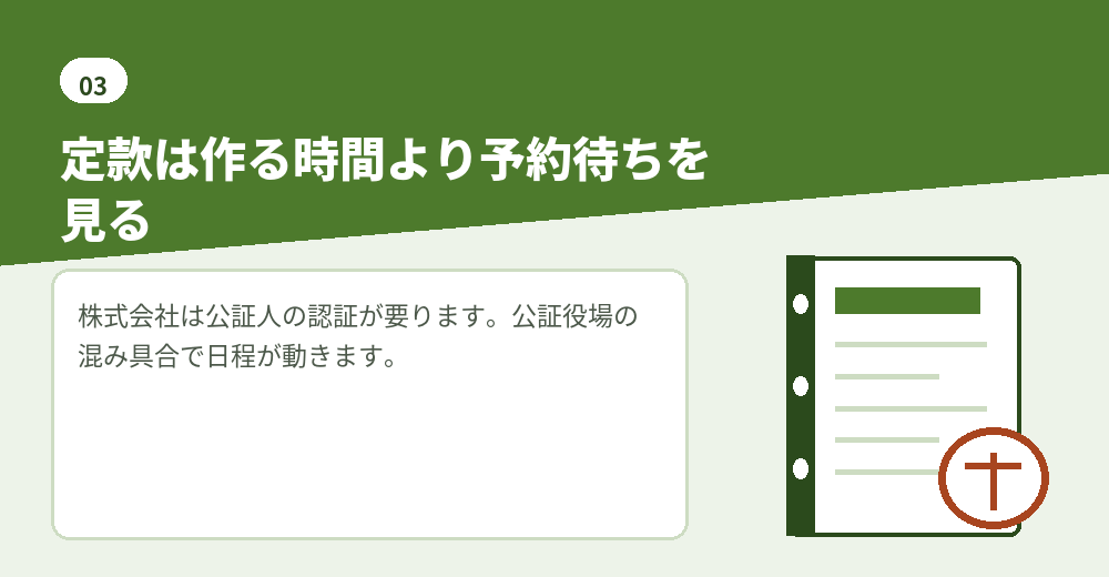 定款認証は予約が必要です。混雑期は余裕をみてください