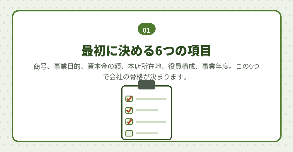 6項目が決まれば、定款も登記書類も自動的に決まっていきます