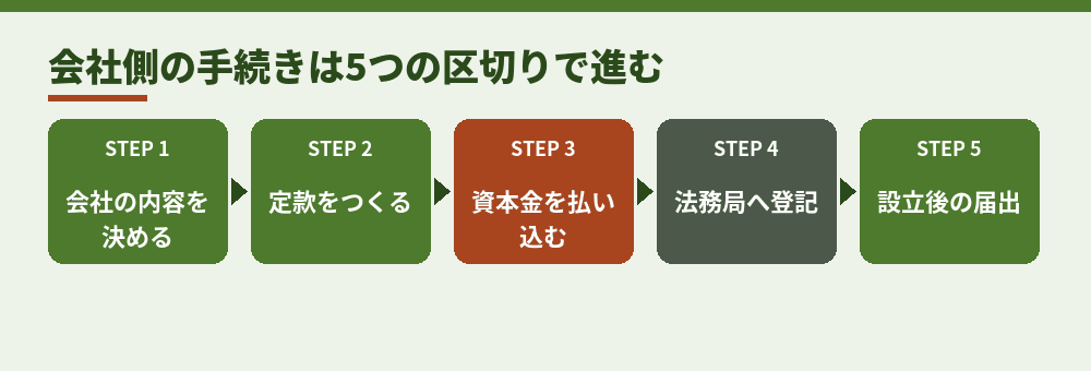 会社側の手続きの流れ。ここに在留資格の手続きが並走します