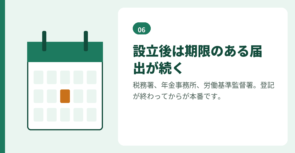 設立後の届出。短い期限のものから片づけます