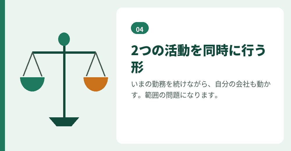 勤務と経営を両立させる形は、慎重な確認が要ります